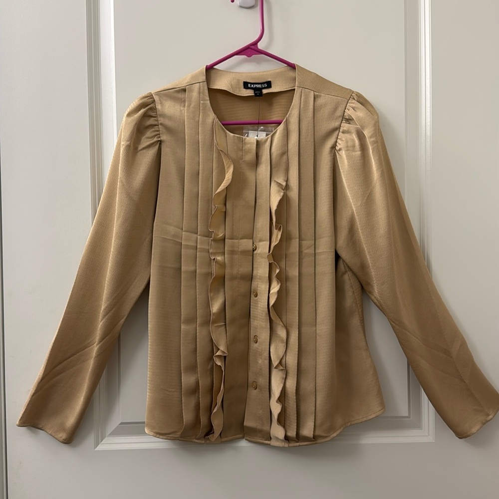 Express Gold Satin Ruffle Blouse with Pleated Front – Size M